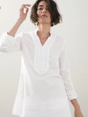 CHICO'S Linen-Blend Kurta Tunic Blouse White Pom-Pom Trim 3/4 Sleeve Size 2
